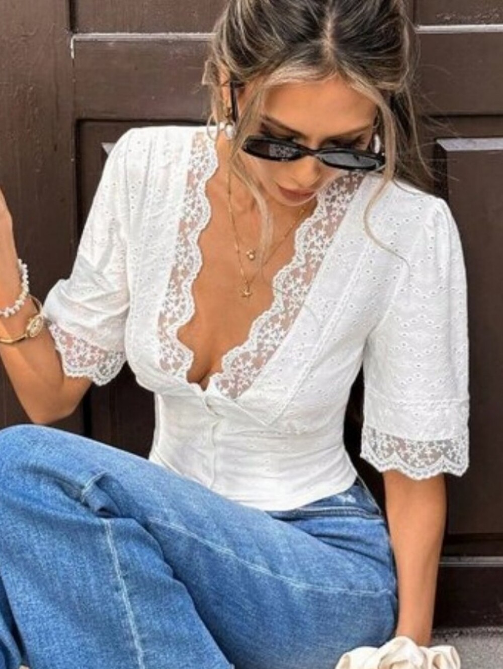 Boho French Style Lace detailed Fitted White blouse Top
